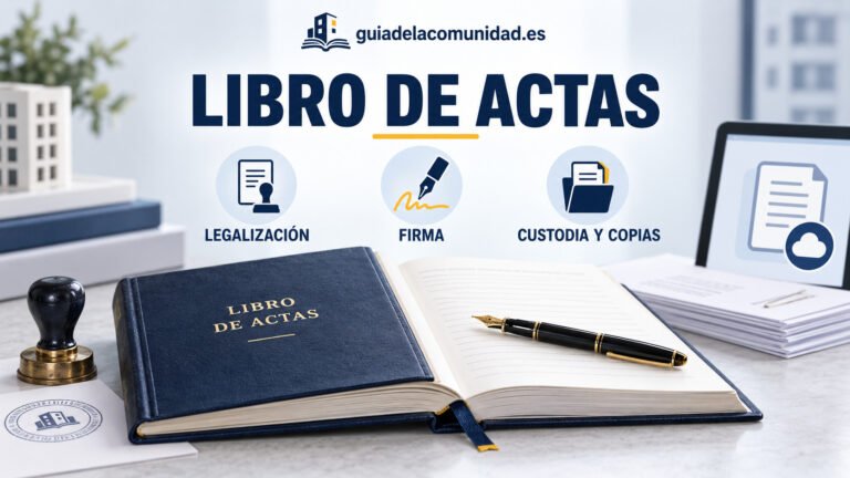 Libro de actas de una comunidad de propietarios con referencias a legalización, firma, custodia y copias